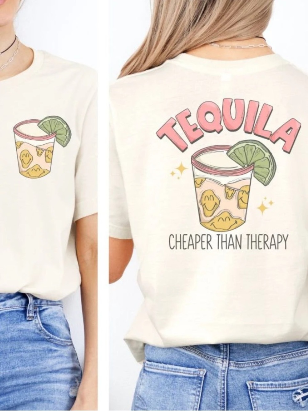 SHEIN Tequila Cheaper Than Therapy Beige Crewneck Tee Oversized Size Large